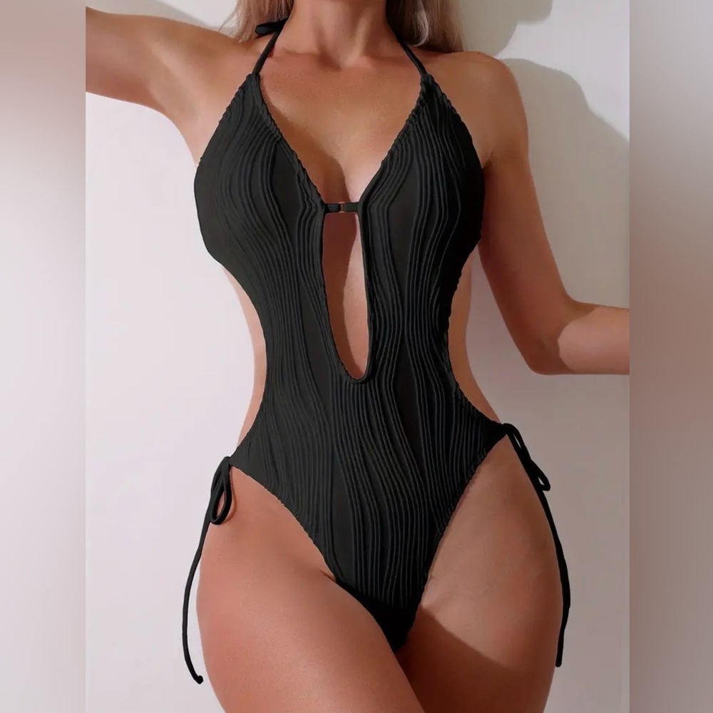 Black Textured Halter Deep V Neck Monokini